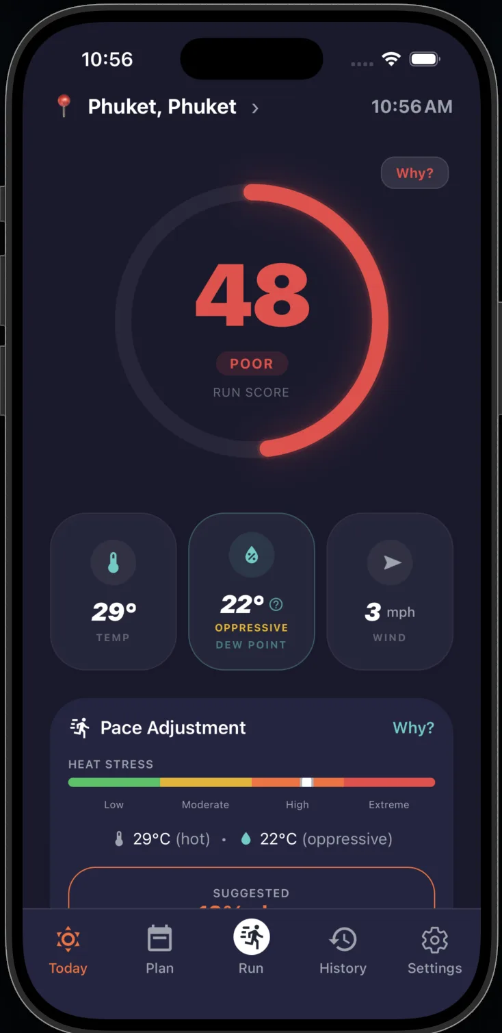 RunWeather app showing run score and weather conditions for today