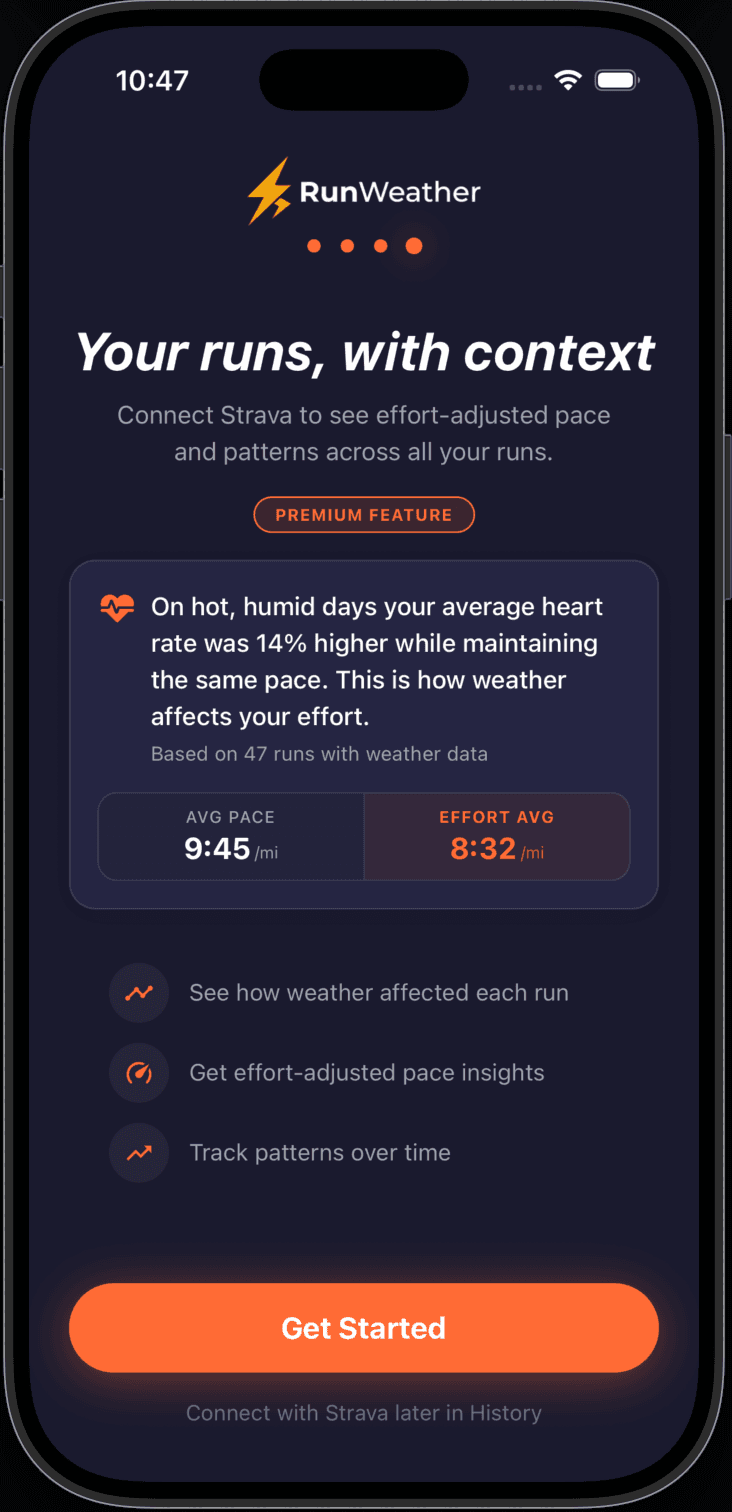 RunWeather app showing Strava history with weather context