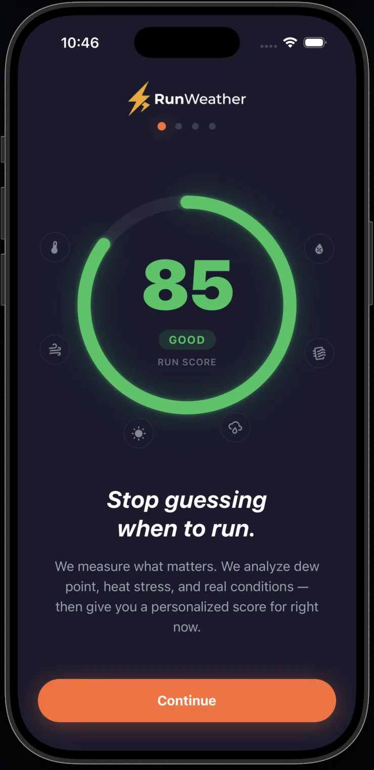 RunWeather app showing hourly forecast and run suitability