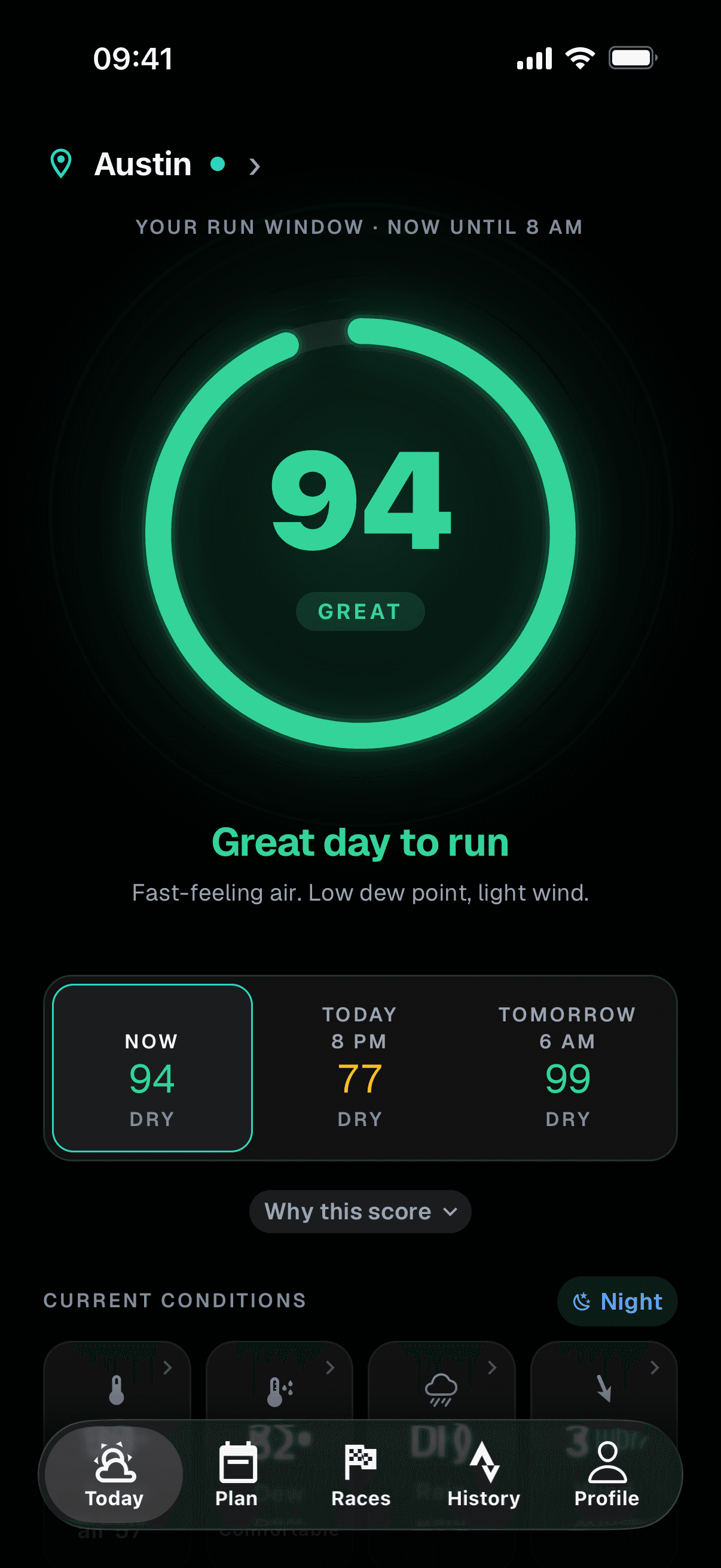 RunWeather Today in Austin at 7 am: Run Score 94, great day to run