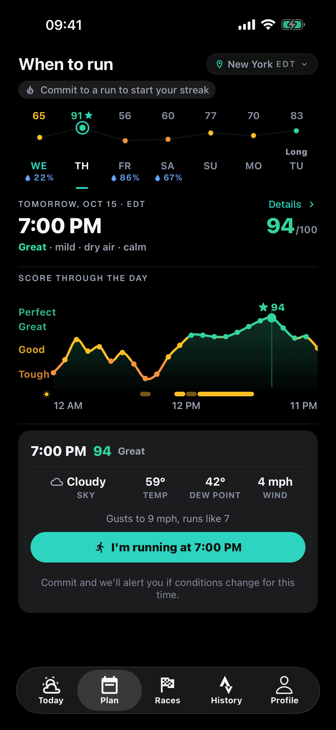 RunWeather week plan for New York: the best time to run each day