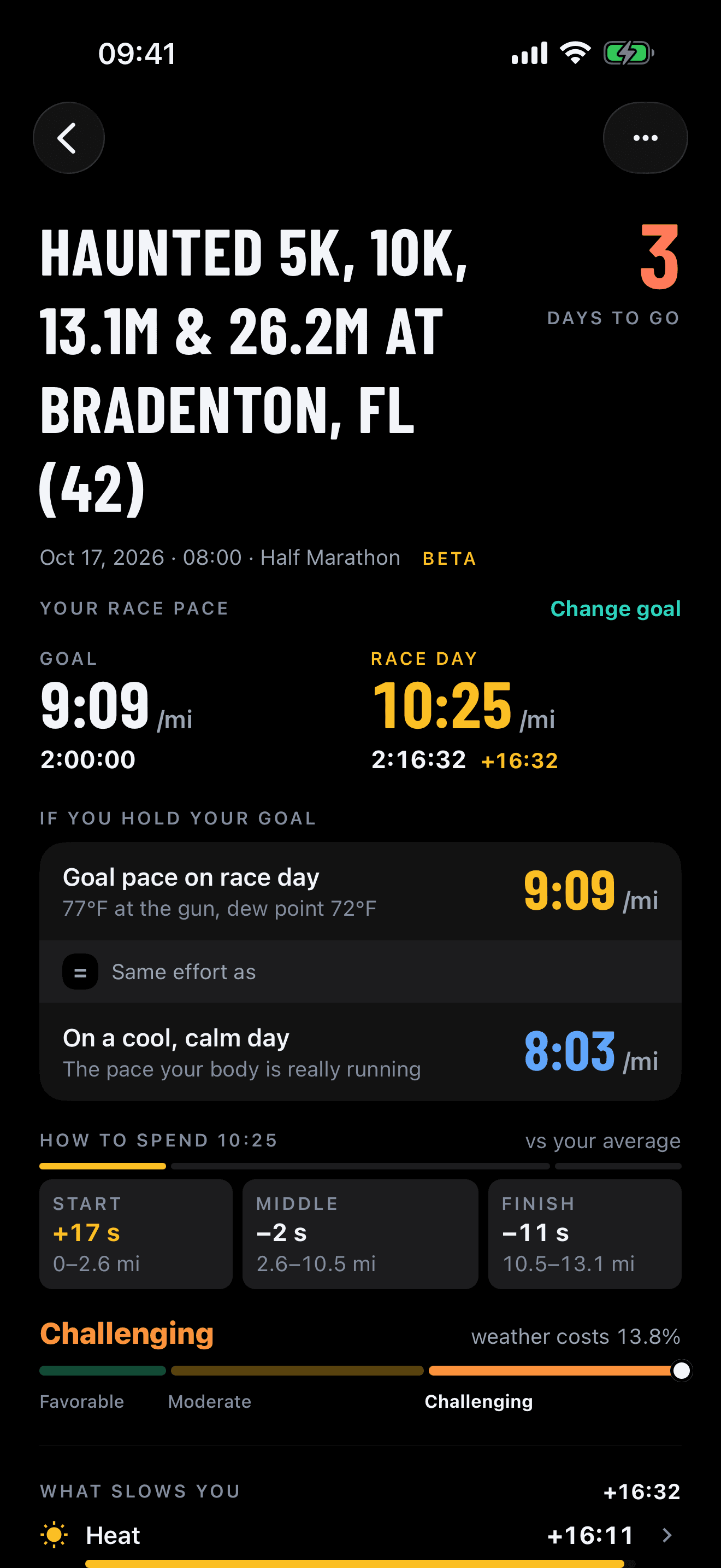 RunWeather race plan: goal pace against race-day pace, and how to spend it from start to finish