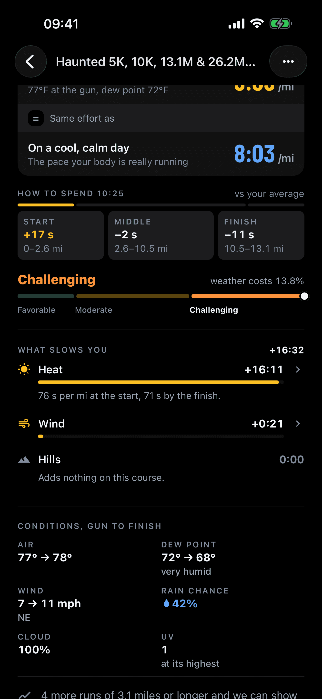 RunWeather race plan: what slows you, heat and wind in minutes, then conditions from gun to finish
