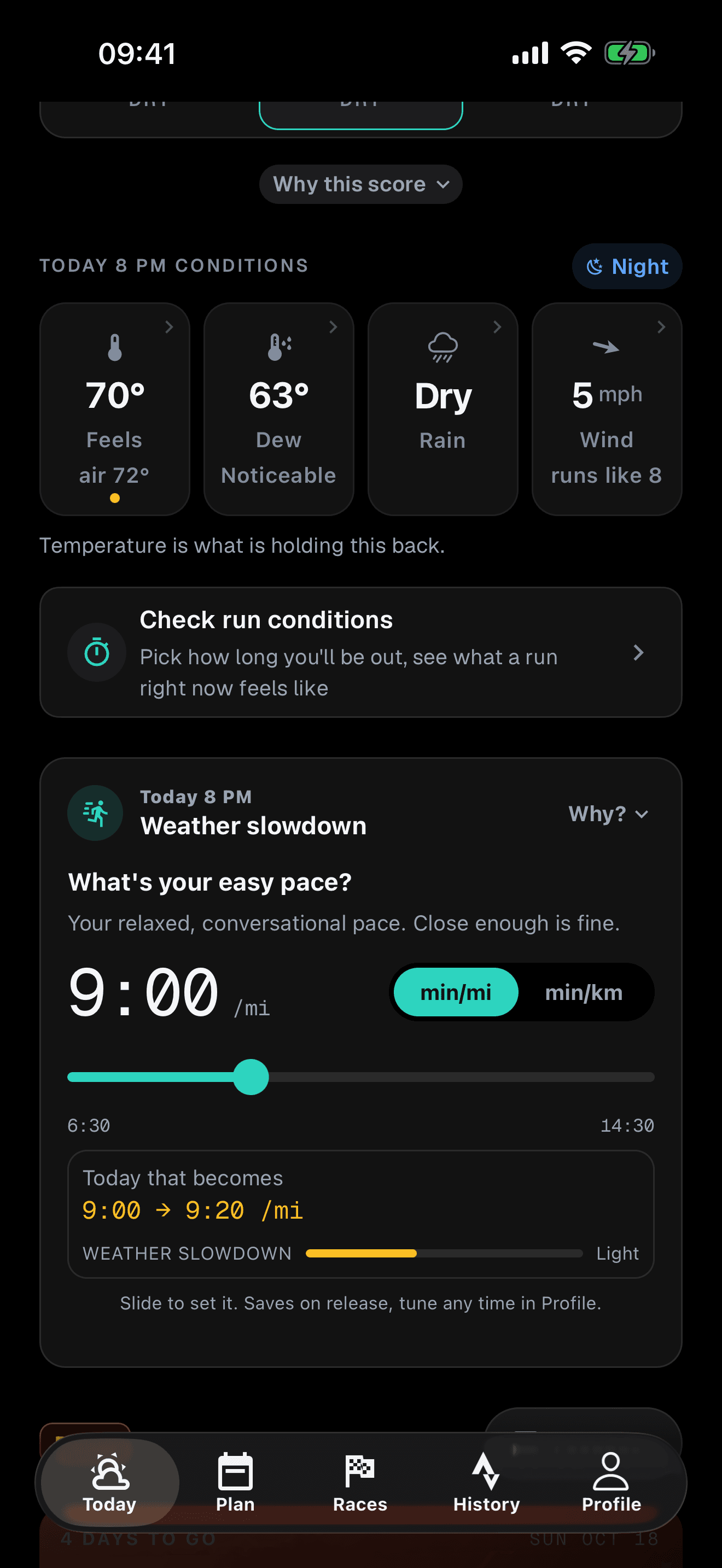 RunWeather weather slowdown: easy pace 9:00 becomes 9:20 per mile today